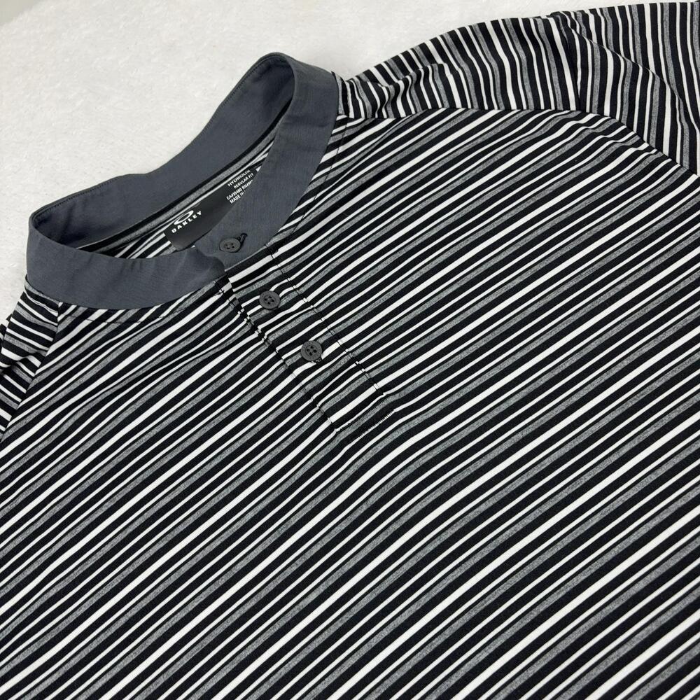 Oakley Hydrolix Shirt Mens XL Black Striped Henley Tagless Moisture Wicking